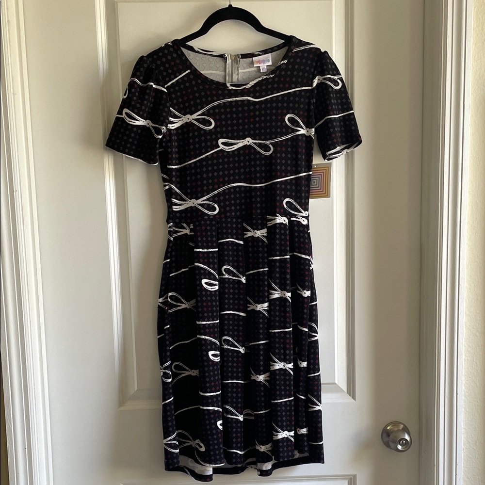 🦄 vintage rockabilly LuLaRoe Amelia Black Dress with White Bows rare unicorn